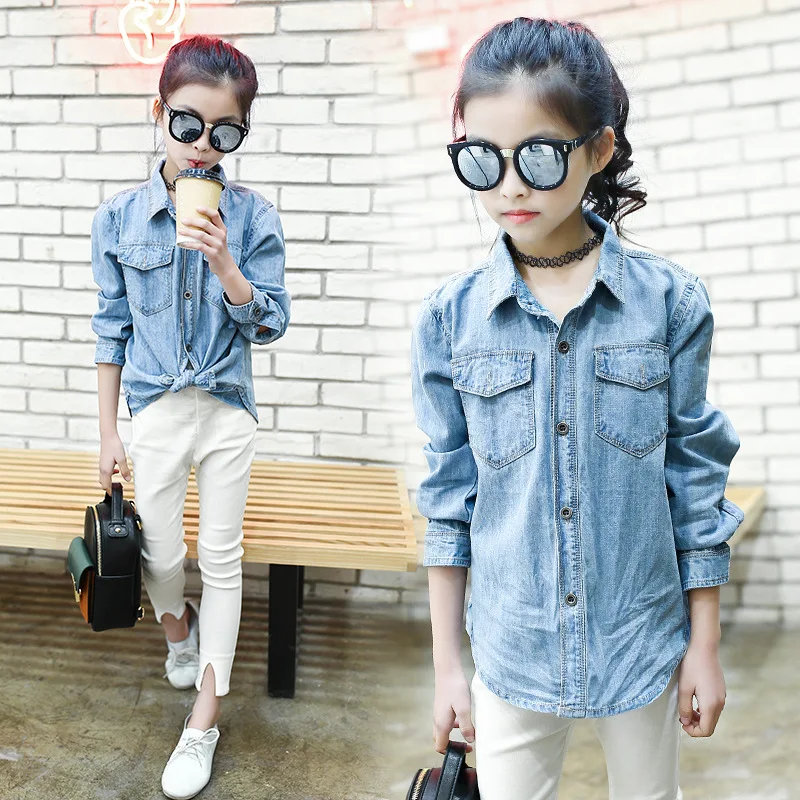 Childrenswear Girls Autumn Clothing New Style Korean-style Big Boy Long Sleeve Denim Shirt KID'S Jacket Spring And Autumn