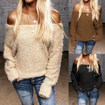 

New Fashion Ladies Off-Shoulder Sweater Women Knitting Solid Long Sleeve Pullover And Jumper Loose Sweater Hot Sale