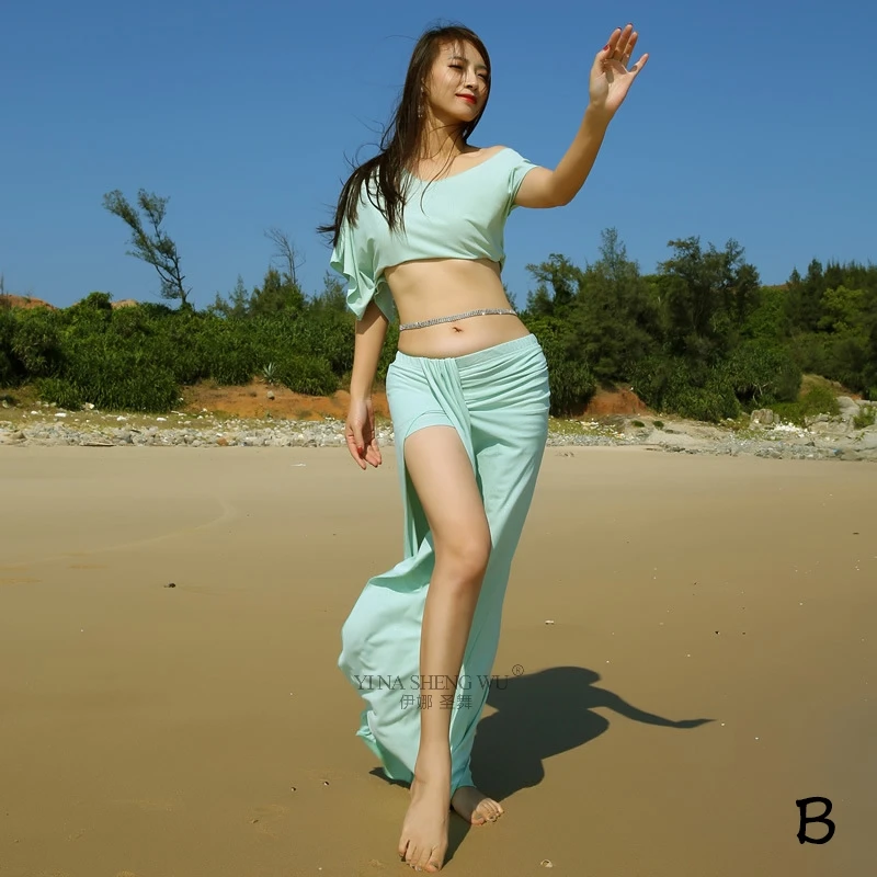 B-Mint Green Комплект из 2 предметов для танца живота, для восточных танцев, одежда для тренировок, новая женская одежда для танца живота, юбка с принтом, костюм для танца живота, топ, юбка - Цвет: B-Mint Green