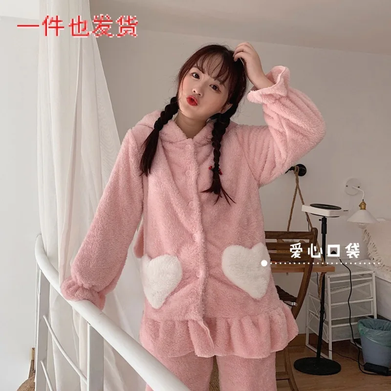 

Princess Outer Wear Rabbit Velvet Autumn And Winter Wind Pajamas Women's Winter Sweet Cute Hooded Double-Sided Front Buckle Pink