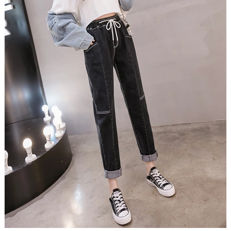 

2020 Autumn Elastic Waist Lace up Patch Work Women's Jeans High Waist Trousers Cords Loose Cusaul Splice Denim Harem Pants Large