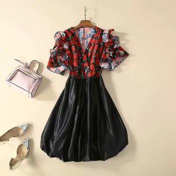 

New 2020 spring summer women sexy club dress floral rose print ruffles sleeve patchwork black mini ball gown dresses