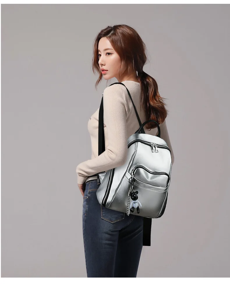 2019 Women Waterproof PU Soft Leather Backpack College Girls School Shoulder Bag Small Black Silver Multi Pocket Travel Rucksack (13)