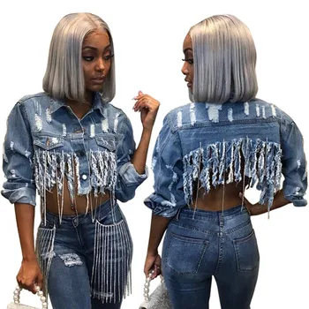 

Tassel Ripped Cropped Jean Jacket Women Autumn Chain Short Sleeve Denim Jacket Streetwear Denim Coat Female Outwear BY224