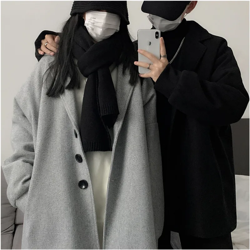 Хорошая осенняя и зимняя поп Harajuku BF ветровка длинная секция шерстяная ретро свободная модная повседневная куртка пальто серый/черный M-XL