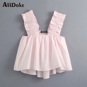 

ALLDOKE elegant ruffles camis women summer strap sleeveless tops femme shirt ladies casual sexy pink tops camisole mujer