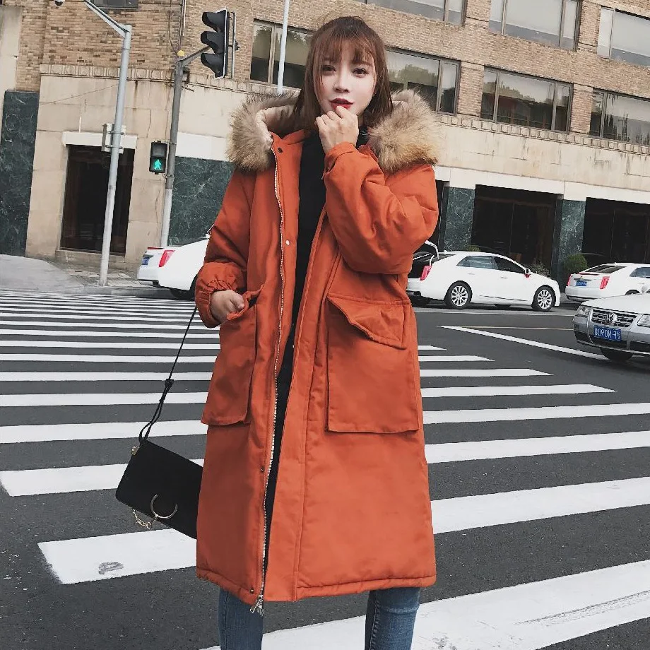 

Photo Shoot CHIC Winter Loose Thick Large Pocket Workwear Cotton Coat Three-Color Model Large Fur Collar Hooded Cotton Overcoat