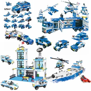 

Locking City Police Station Sets Helicopter Boat Trucks Transport Vehicles Swat Model Building Blocks Toys For Children Lockings