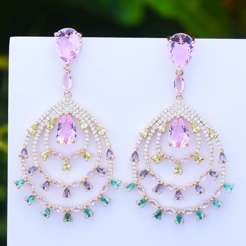 pink GODKI корейские новые трендовые длинные серьги с кубическим цирконием Свадебные вечерние бразильские серьги для женщин - Окраска металла: pink