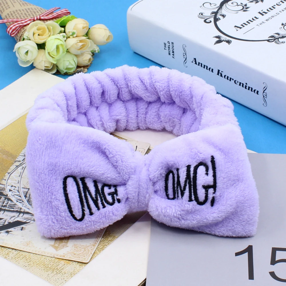 Флисовые повязки с бантиком и надписью OMG для женщин и девушек, милые повязки для волос, повязки для волос, головные уборы, аксессуары для волос - Цвет: Светло-фиолетовый