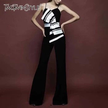 

TWOTWINSTYLE Casual Patchwork Bow Jumpsuits Women Square Collar Spaghetti Strap High Waist Hit Color Flare Jumpsuit Female Tide