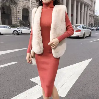 

Women's Sweater Set Autumn Winter New Korean Wild Fur Vest + High Collar Slim Fit Hip Bottoming Knit Dress Set Two Piece Set
