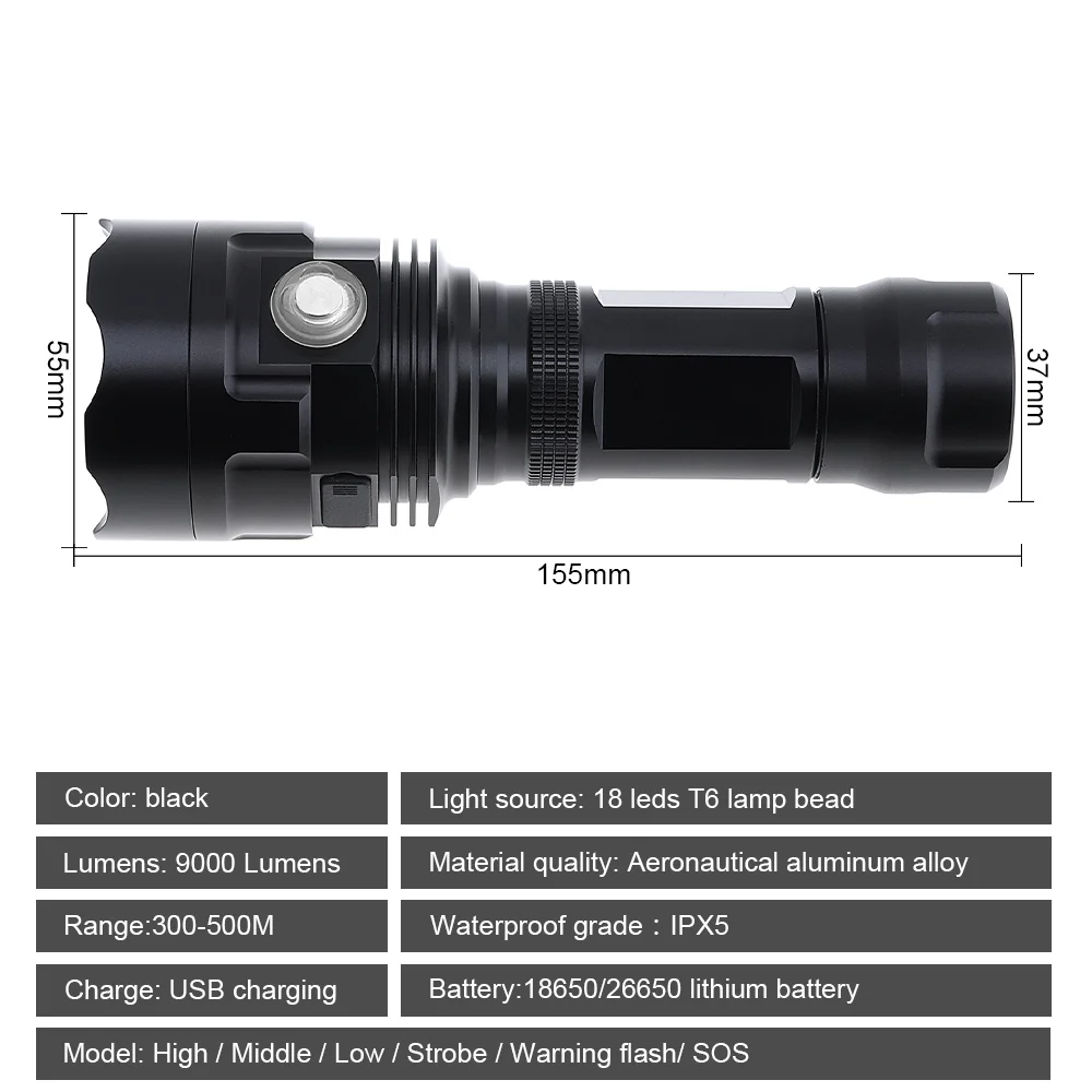 Безопасность Супер яркий 18x XM-L T6 светодиодный 9000 люмен фонарик Поддержка USB зарядка для дома/улицы