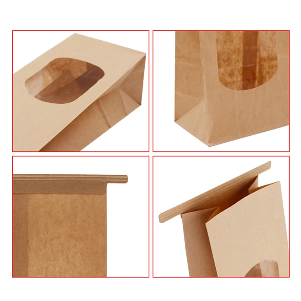 50Pcs Bakery Bags with Clear Window Sealing Grease Proof Kraft Paper Bag for Food Snacks Cookie Coffee