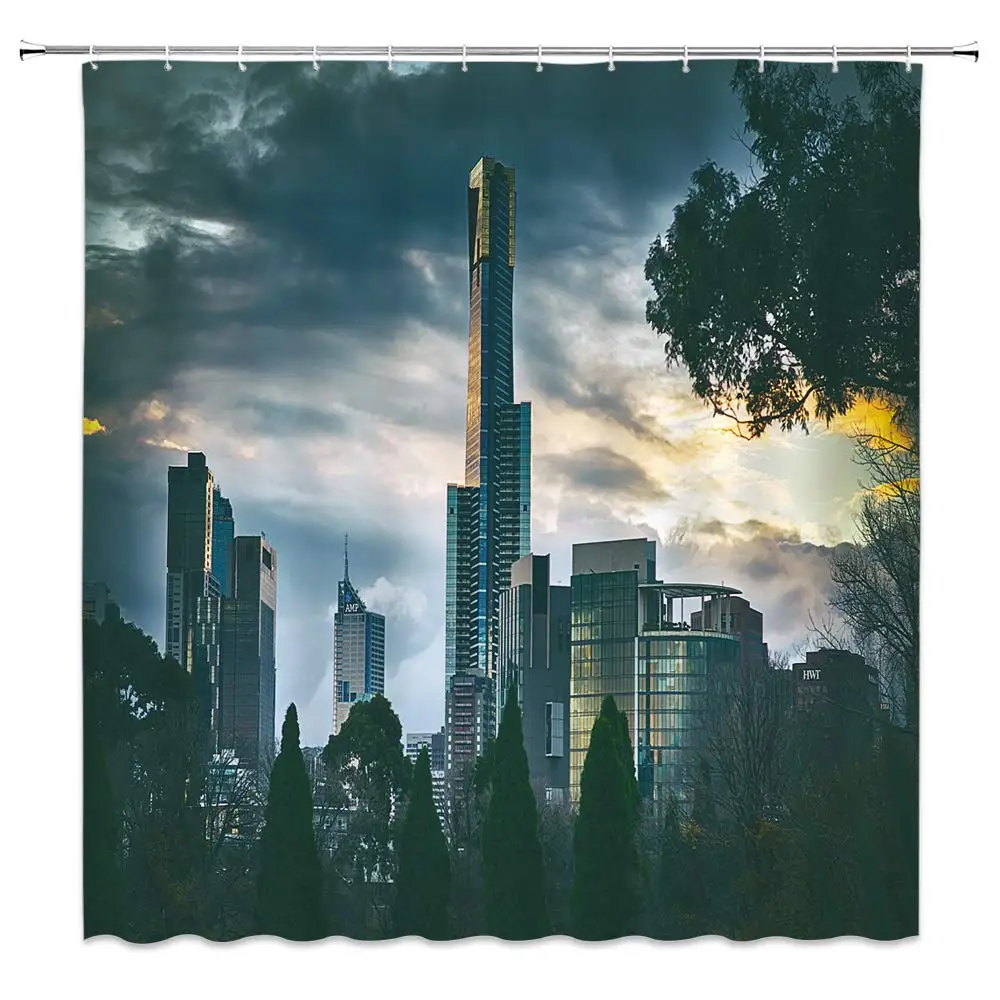 

Tall Building Shower Curtain Decor City Highrise Building Tree High-Rise Scenery Landscape Creative Bathroom Curtain Polyester