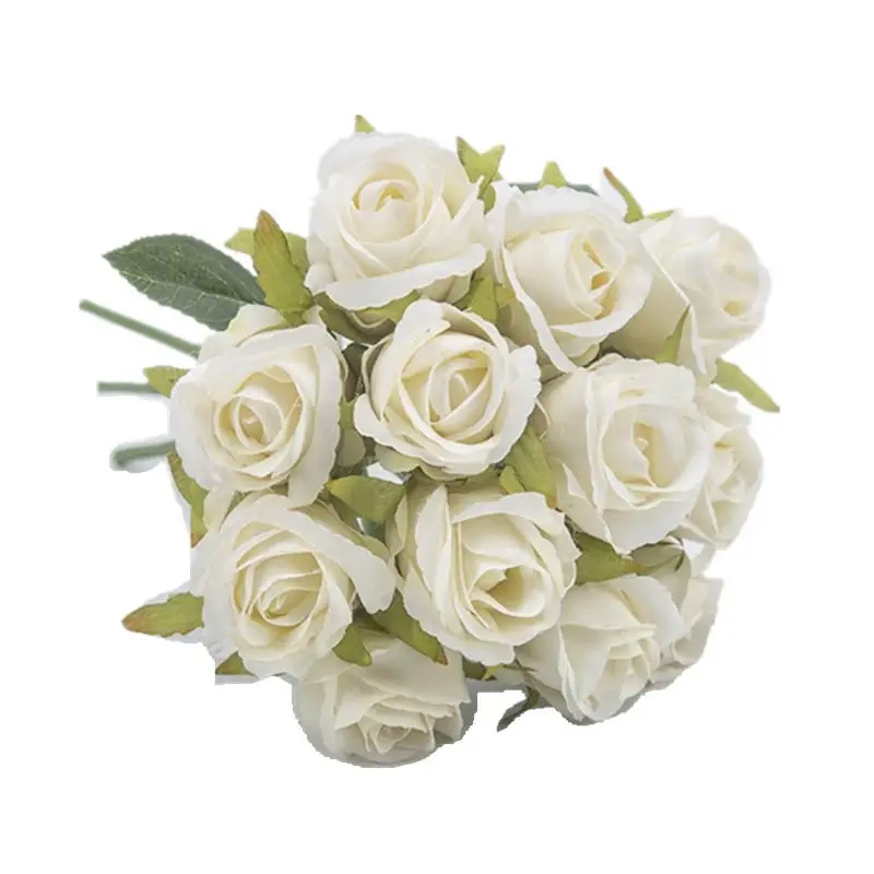 Домашние шелковые цветы невесты букеты Искусственные для свадьбы букет розы 1 букет 12 головок декоративные вечерние украшения - Цвет: Молочно-Белый