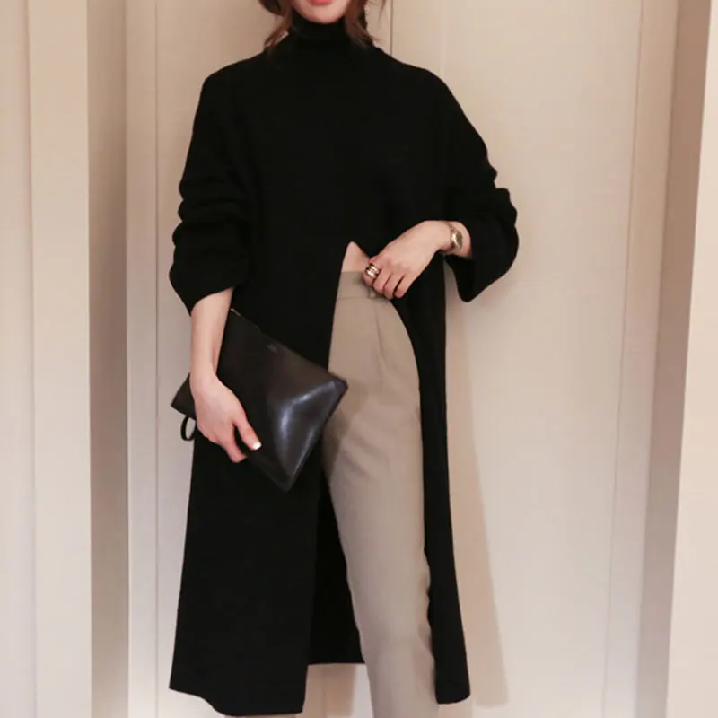 Ceny Zima nowa luźna, wysoka kołnierz długa sukienka sweter rozcięcie z długim rękawem bawełniane sukienki na co dzień kobiece golf w jednolitym kolorze