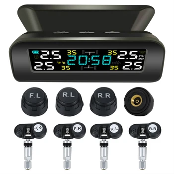 

ALLOYSEED TY17/TY18 Car TPMS Solar Car TPMS Tire Pressure Monitoring System LCD Clock Time Display Auto Tyre Temperature Alarm