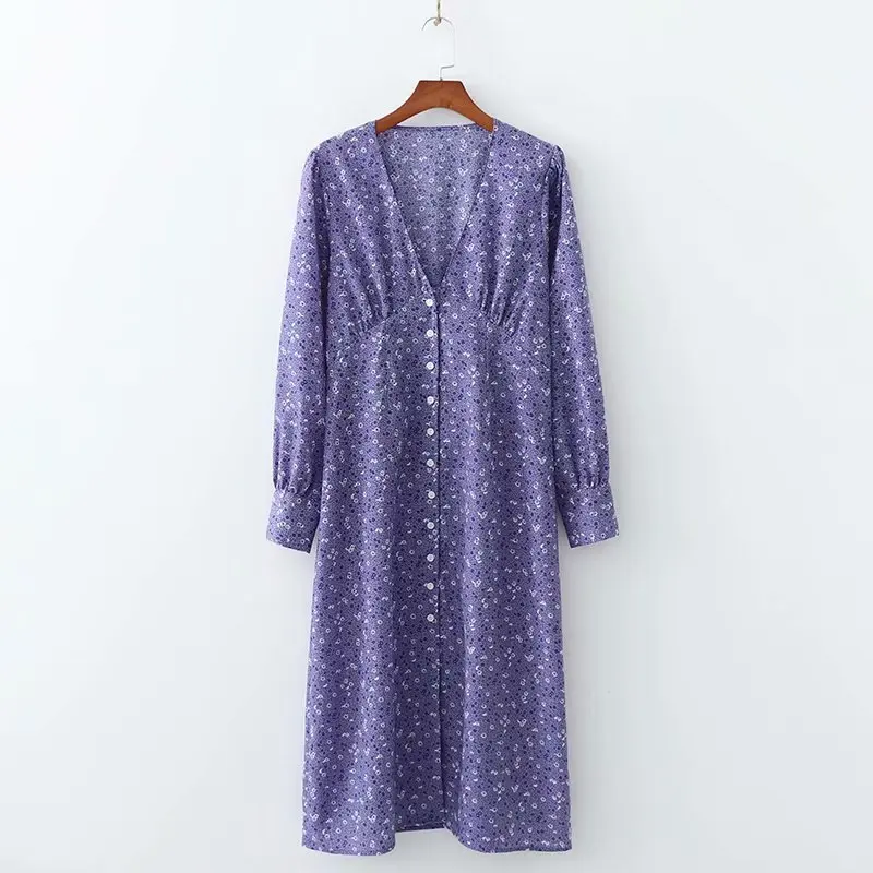 

2019 New Fashion Floral Print Woman Dress V-Neck Long Sleeve High Waist Single Breasted Button Purple Dresses Holiday Vestidos