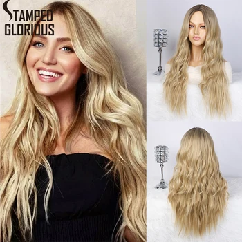 

Stamped Glorious Long Blonde Wavy Wig Natural Hairline Natural Looking for Women Daily Use Synthetic Heat Resistant Wig