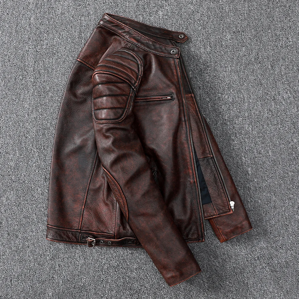 Vintage Style Mens Cowhide Biker Genuine Leather Jacket Fashion Brown Leather Slim Coat