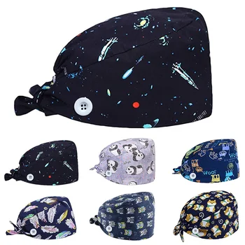 

Fashion Printed Hat with Button Casual Unisex Ear Protection Scrub Cap Mask Holder Hat Working Hat For Women And Men
