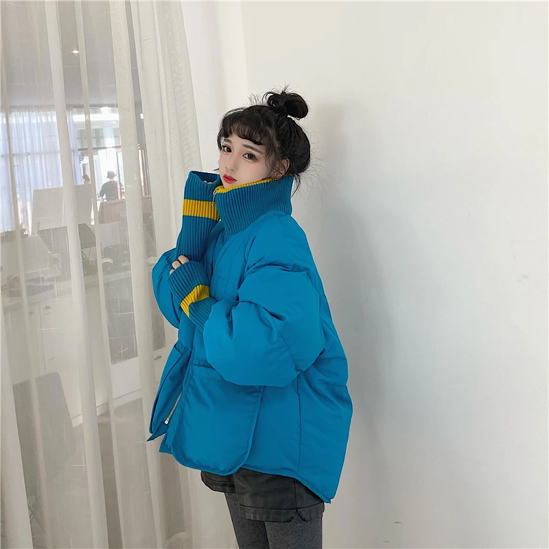 Зимнее Новое корейское хлопковое пальто со стоячим воротником на молнии Короткая свободная Женская куртка