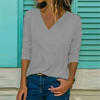 

Summer Casual T Shirt Women Long Sleeve V Neck Cotton Solid Color Loose Shirt Plus Size Women Fashion Clothes Summer Tops