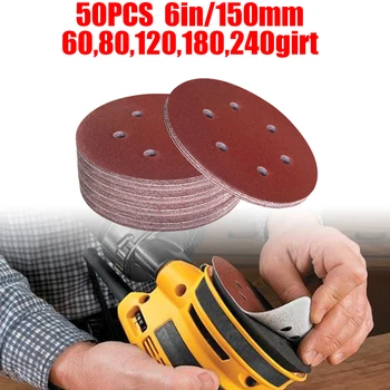 

50pcs 6 Inch 150mm 6 Hole Sandpaper Alumina 60 /80 /120/ 180/ 240Grit Durable And Practical To Use