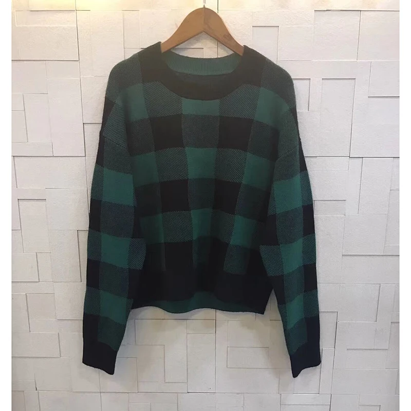 

Women's pullover green plaid stitching high-end cashmere round neck long-sleeved casual retro knit autumn and winter sweater
