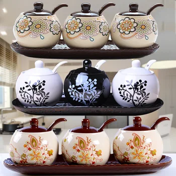 

Kitchen supplies ceramic seasoning pot set sauce vinegar pot salt seasoning box tray shaker combination loading