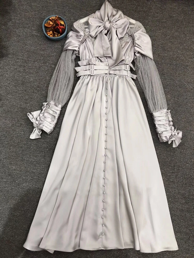 LINGHAN элегантное кружевное лоскутное платье с длинным рукавом Женская мода стоячие кружевные Длинные платья дизайнерские осенние Подиумные Новые