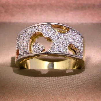 

Fashion Zircon Engagement Romantic Rings for Women Dazzling Crystal Yellow Gold Color Hollow Heart Shaped Wedding Bridal Jewelry