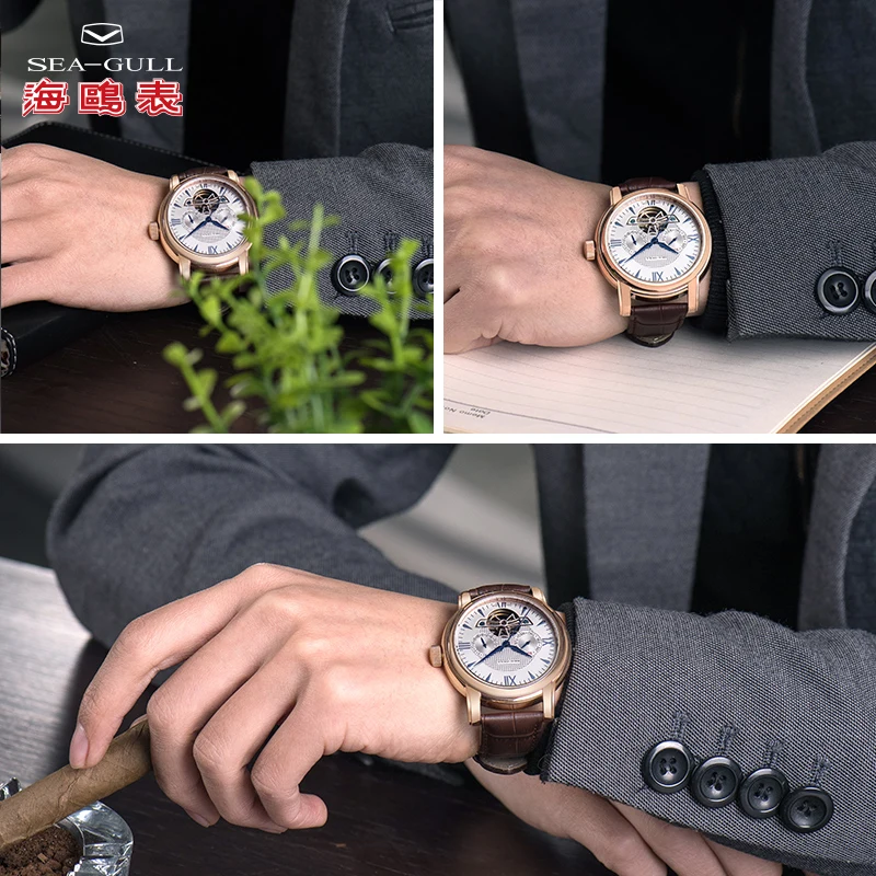 Seagull деловые часы Мужские механические наручные часы с календарем 50 м Водонепроницаемые кожаные подарки на день Святого Валентина мужские часы D519.623