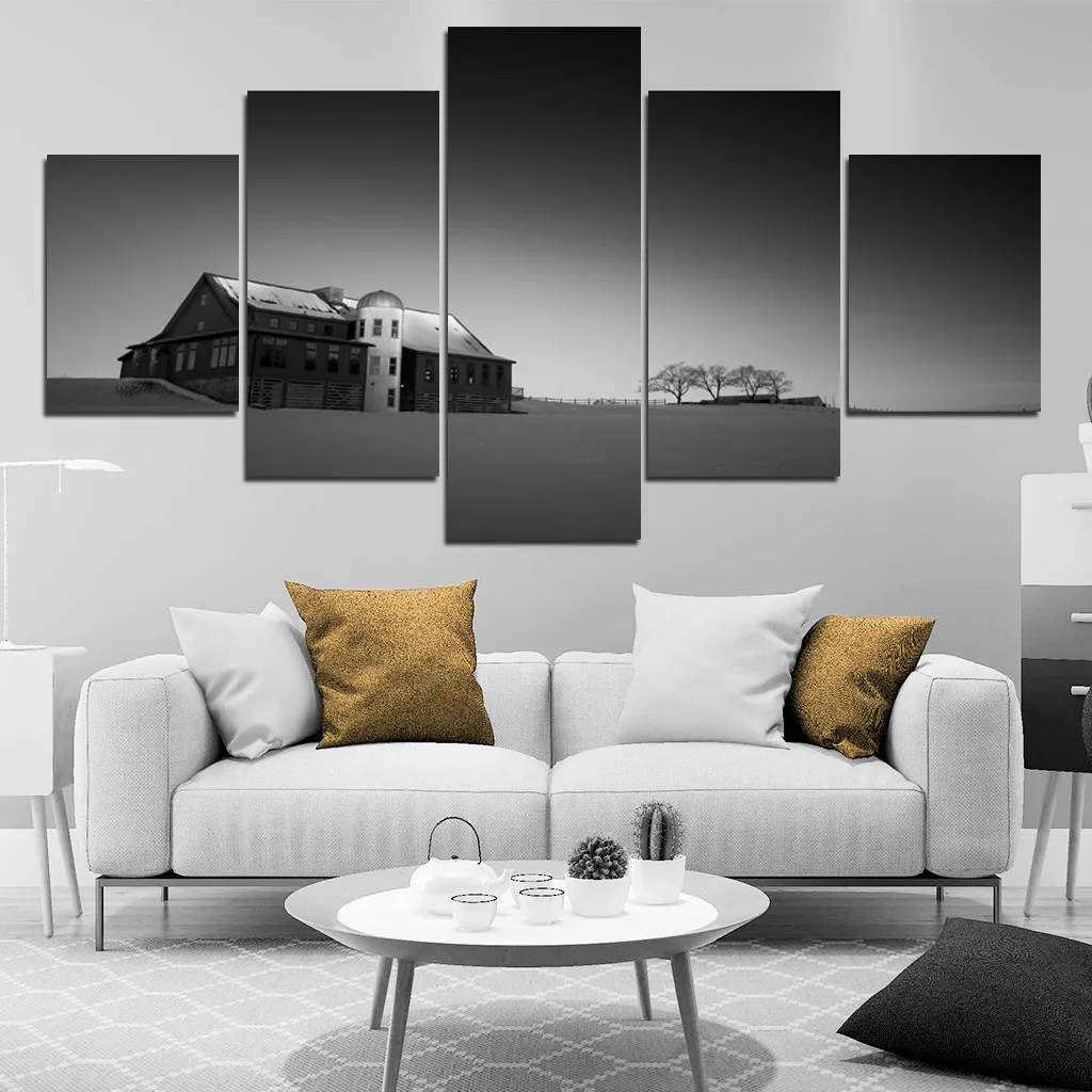

Hd Waterproof Printing Canvas Painting Suburban Villa Black and White Landscape Home Decor Wall Art Poster Five-Piece Frameless
