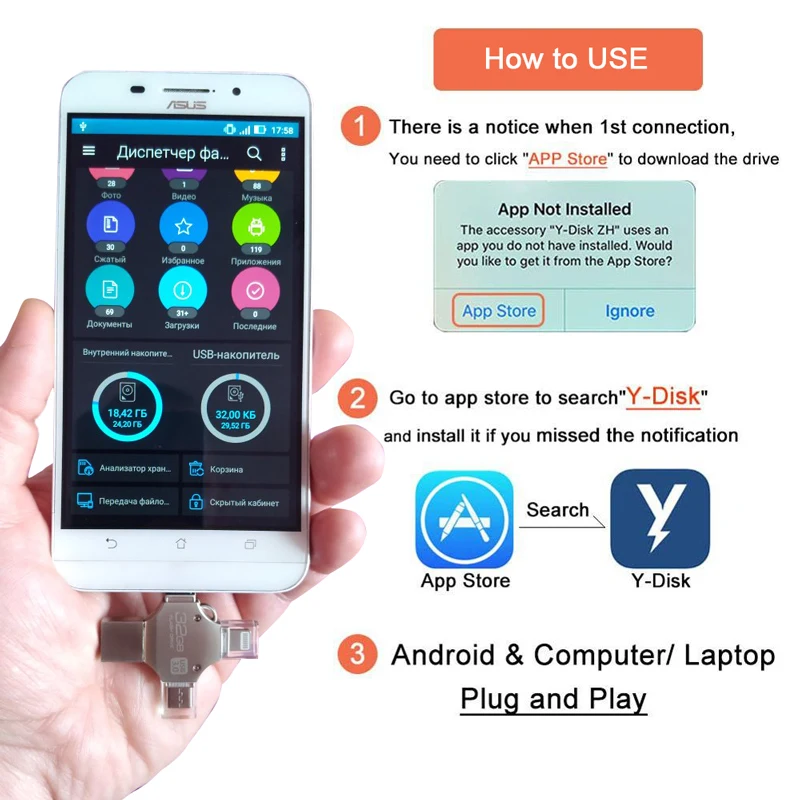  New INGELON 4 In 1 Design USB Flash Drive For iphone USB 3.0 128GB Memory Stick OTG Pen Drive 16GB 