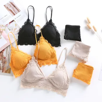 

Striped Cotton Bralette Set with Lace Underwear with Inserts Wireless Triangle Bra Soft Cup Girls Bra Sets Women Lingerie