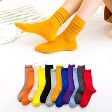 Новые женские кавайные японские ворсовые хлопковые носки зимние однотонные вертикальные полоски женские длинные хлопковые носки милые дышащие носки до щиколотки