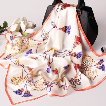 

100% Natural Silk Neckerchief Women Orange Print Chinese Real Silk Handkerchief Headscarf Ladies Thin Silk Square Scarf