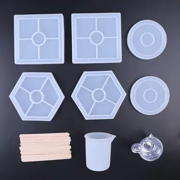 

Silicone Resin Mold Set Square Round Hexagon Epoxy Mould with Measuring Cup Wood Stick DIY Coaster Home Decoration Accessories