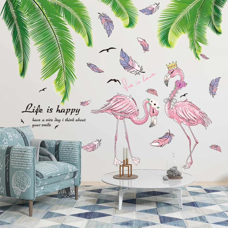 

[SHIJUEHEZI] Flamingo Animal Wall Stickers DIY Green Palm Tree Leaves Mural Decals for House Living Room Kids Bedroom Decoration