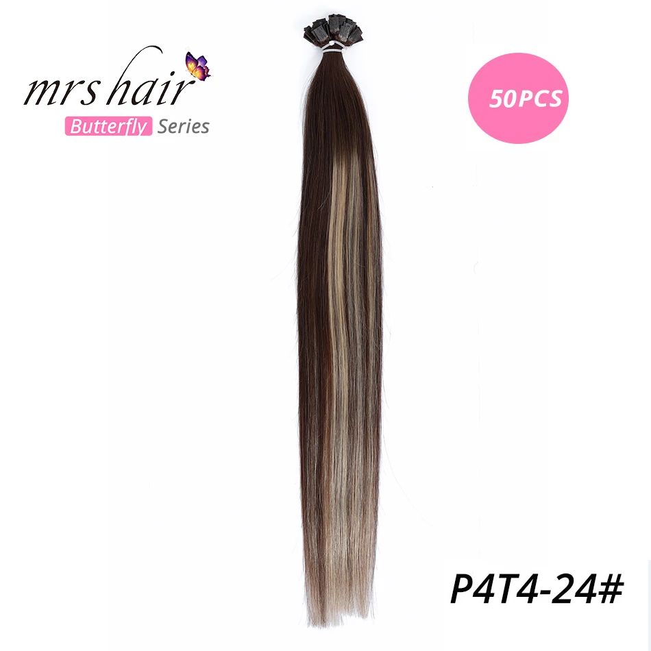 MRSHAIR предварительно скрепленные плоские волосы для наращивания 1" 18" Искусственные волосы одинаковой направленности прямые капсулы жидкий кератин волосы - Цвет: KFTT4P4-24-50