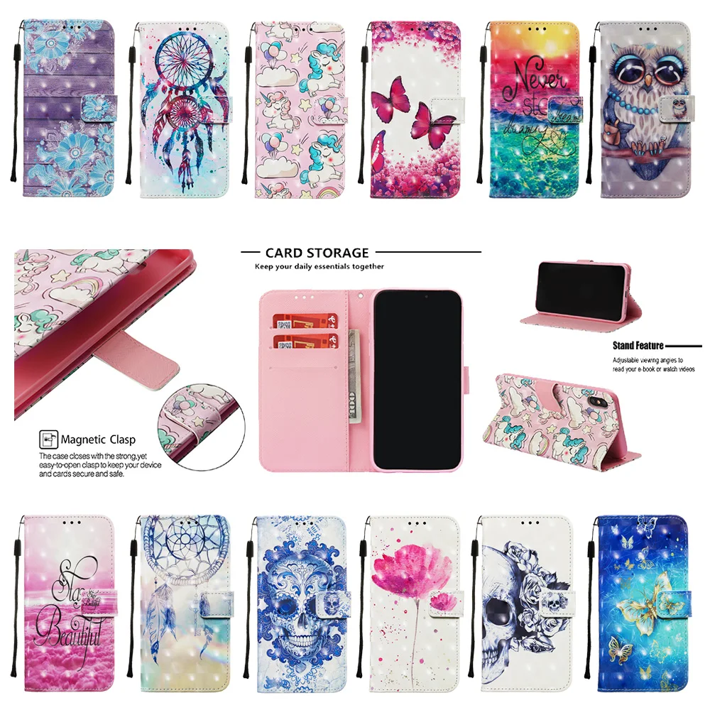

Luxury 3D Painted Phone Case For iPhone 2019 5.8 6.1 6.5 Flip PU Leather Wallet Card Slot Cover Mobile Phone Bag Coque Capa Gift