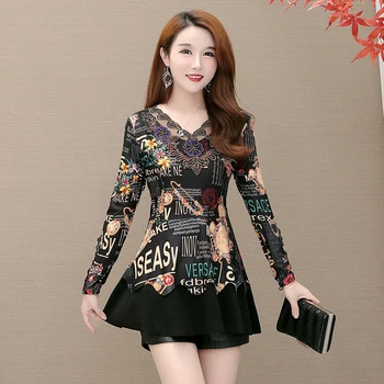 

Women Shirt OL Floral Blouses 2020 Fashion long Sleeve Long Shirt Female Lace Trimmed Diamondsl tops