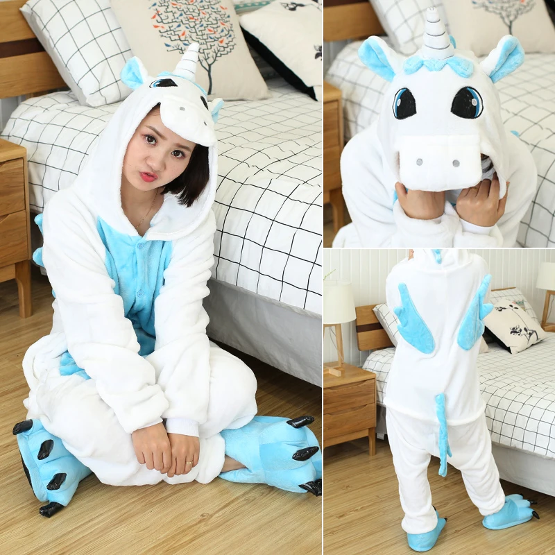 Blue Unicorn FL BIKIRUB, пижамы для взрослых, Женская фланелевая одежда для сна, унисекс, кигуруми, милый единорог, стежок, Мультяшные животные, пижамный комплект, Детская Пижама с капюшоном - Цвет: Blue Unicorn FL