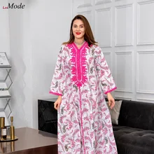 Eid Full Cotton Floral Arabic Dress Abayas for Women Chic Ribbon Embroidered Middle East Kaftan Muslim Abaya Islam Casual Caftan