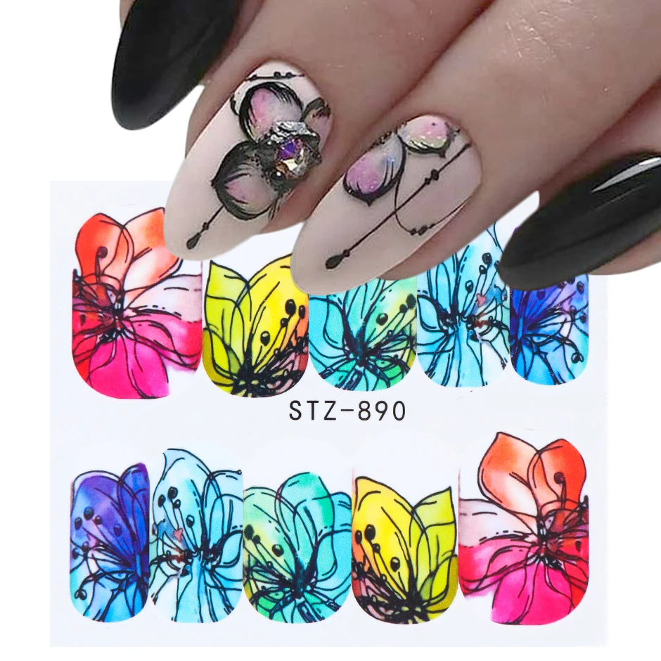14 шт черные наклейки для ногтей слайдер цветок Лотос Бабочка DIY цветочный дизайн водное тату для обертывания Переводные картинки маникюрный набор STZ880-902