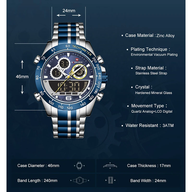NAVIFORCE Men Military Luxury Watch Quartz Sport Casual Full Steel Wrist Watch Digital Analog Waterproof Clock Relogio Masculino