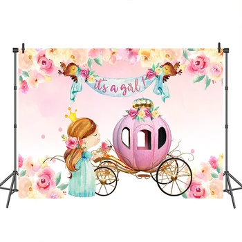 

It's a Girl Baby Shower Photography Backdrop Princess Newborn Flower Background Pink Retro carriage Dessert table Backdrops