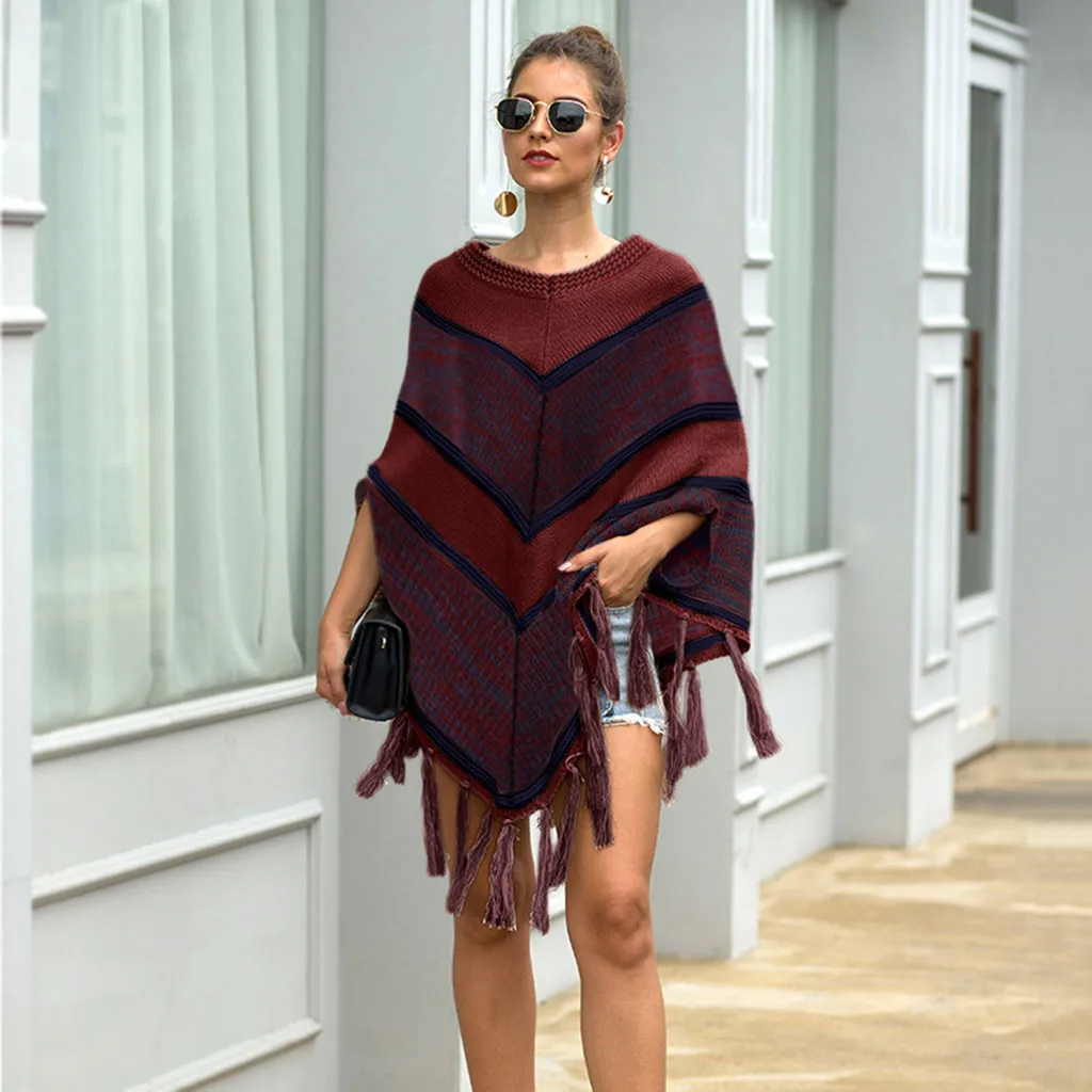 Winter Knitted Pullovers Sweater Women Cashmere Poncho Capes Striped Shawl Cardigans Casual Female Tassel Jumper Swing | Женская одежда